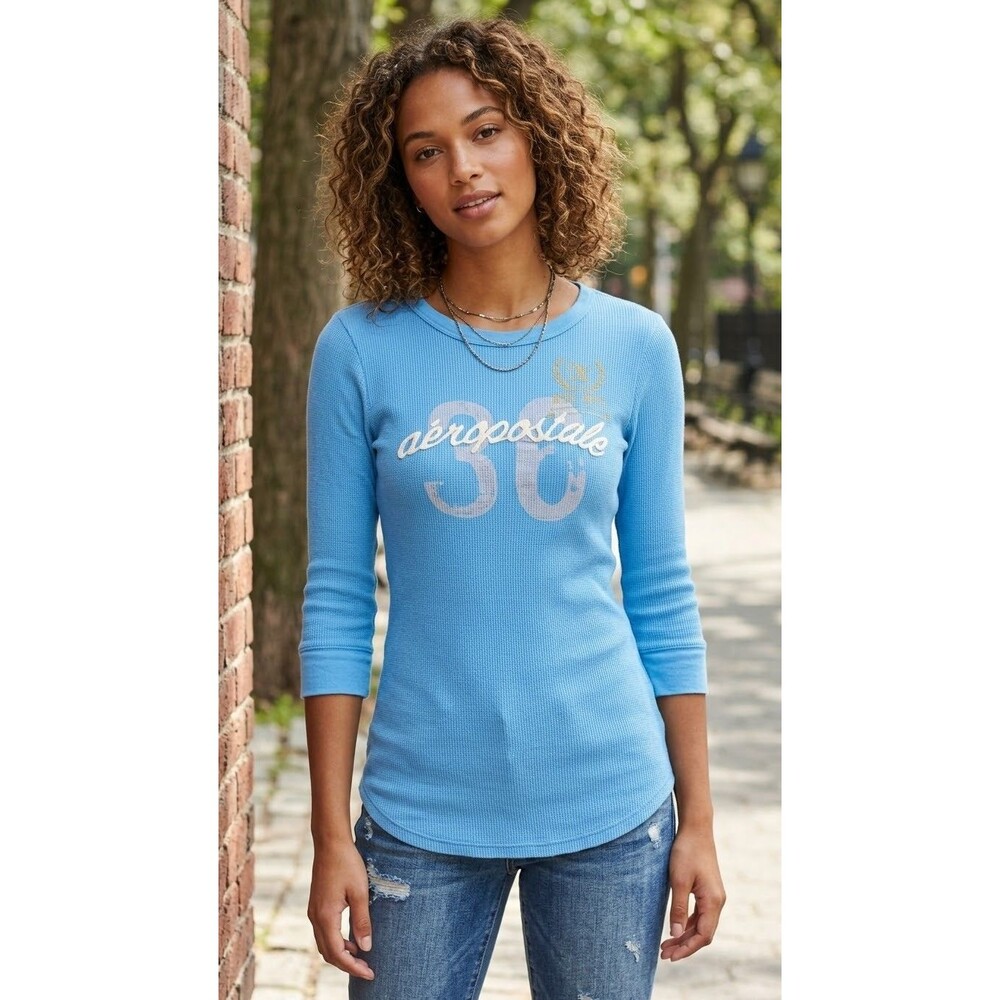 Vintage Y2K Aeropostale Ribbed Knit Graphic Long Sleeve Top Blue Size XL BabyTee